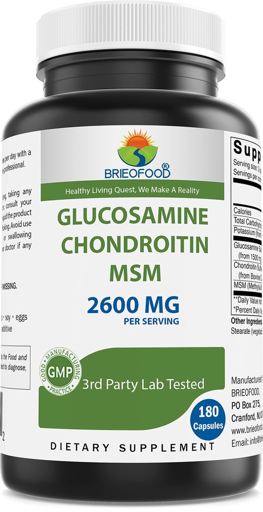 Brieofood Triple Power Glucosamine Chondroitin MSM 2600 מ"ג / קפסולות משרת, תומך חדש משותף, קרטלאז וחיבור Tissue - מקדם נוחות משותפת וגמישות 180 הרוזן הרוזן