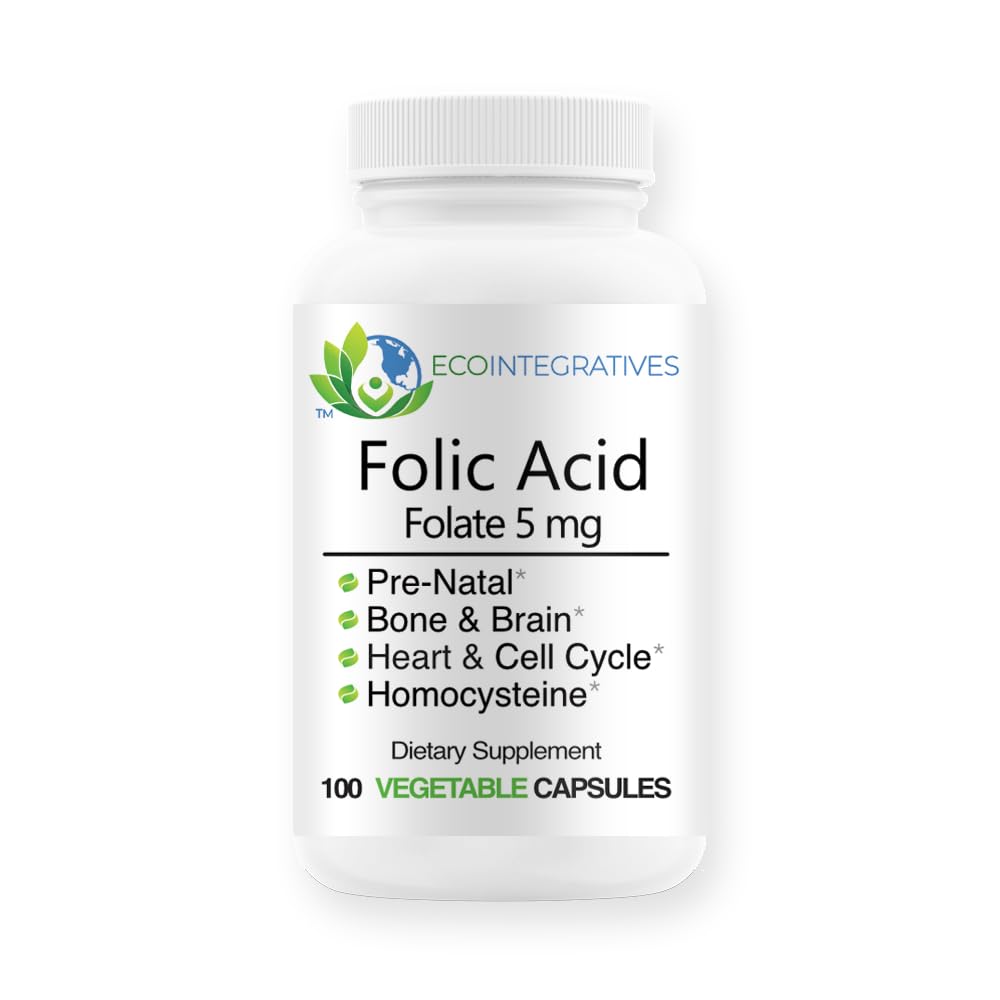 Folic Acid Folate 5mg (B9) Prenatal, Reproductive Health, Homocysteine, Metabolism, Cardiovascular, Bone, Immune Support, Allergen Free, Non GMO - 100 קפסולות טבעוניות