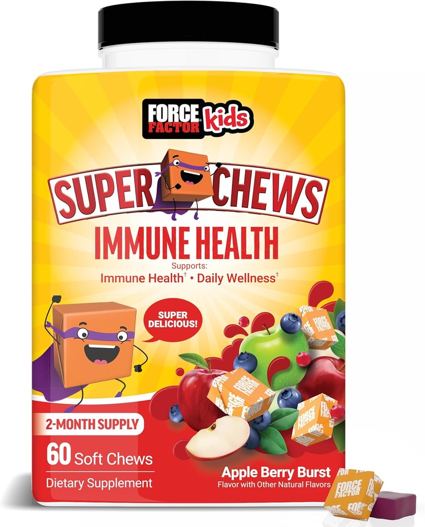 עבור ילדים Immune Health Super Chews, ילדים Immune תמיכה תוספת עם ויטמין D לילדים, Elderberry, ויטמין C, & Zinc, 2 Monteh אספקה, non-GMO, Apple Brad Flavor, 60 צ'יפס רך