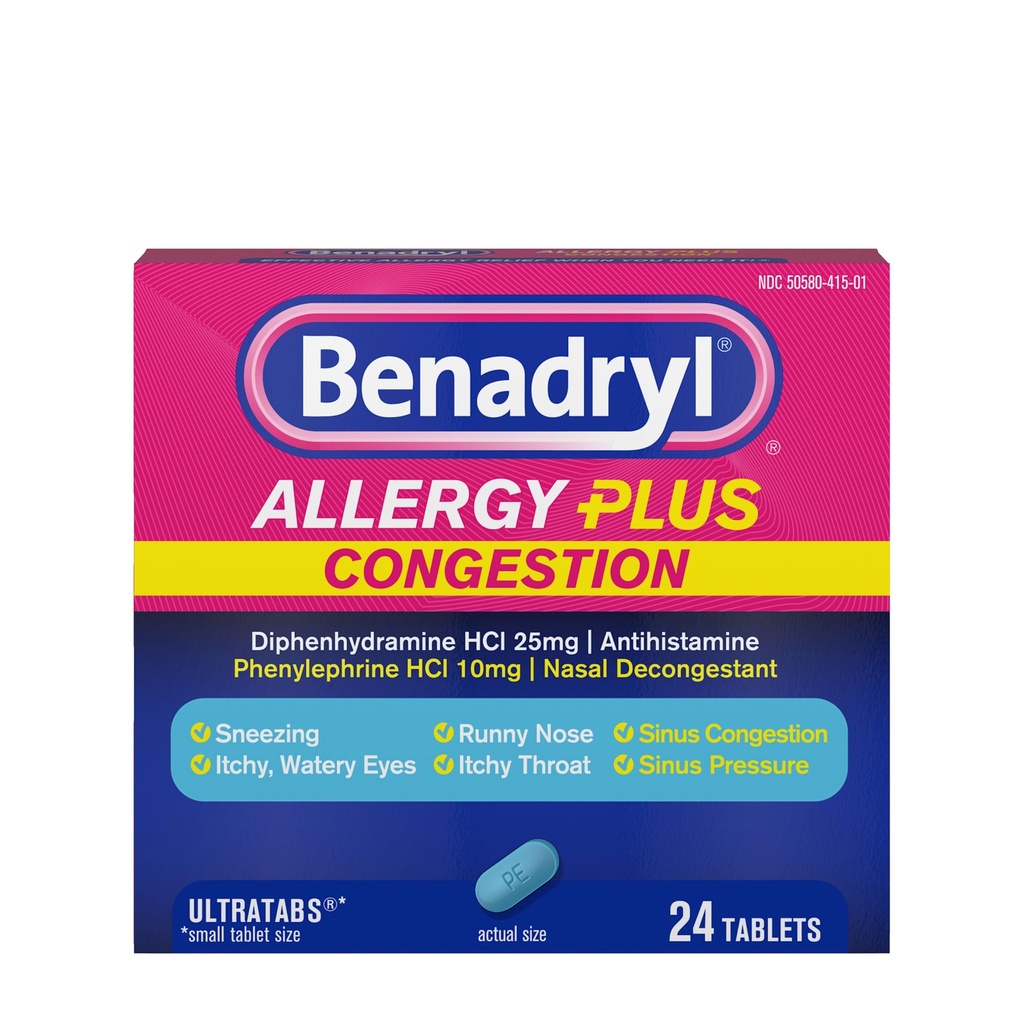 Benadryl Allergy Plus Communityestion Ultratabs, Medicine with Diphenhydramine HCl Antihistamine & Phenylephrine HCl Nasal Decongestant, Allergy & Sinusungestion Tablet, 24 ctctcttamine & Phenylephrine HCl Nasal Decongestant, Allergy & Sinusungestion Tabletstion Tabletstion Tablet, 24