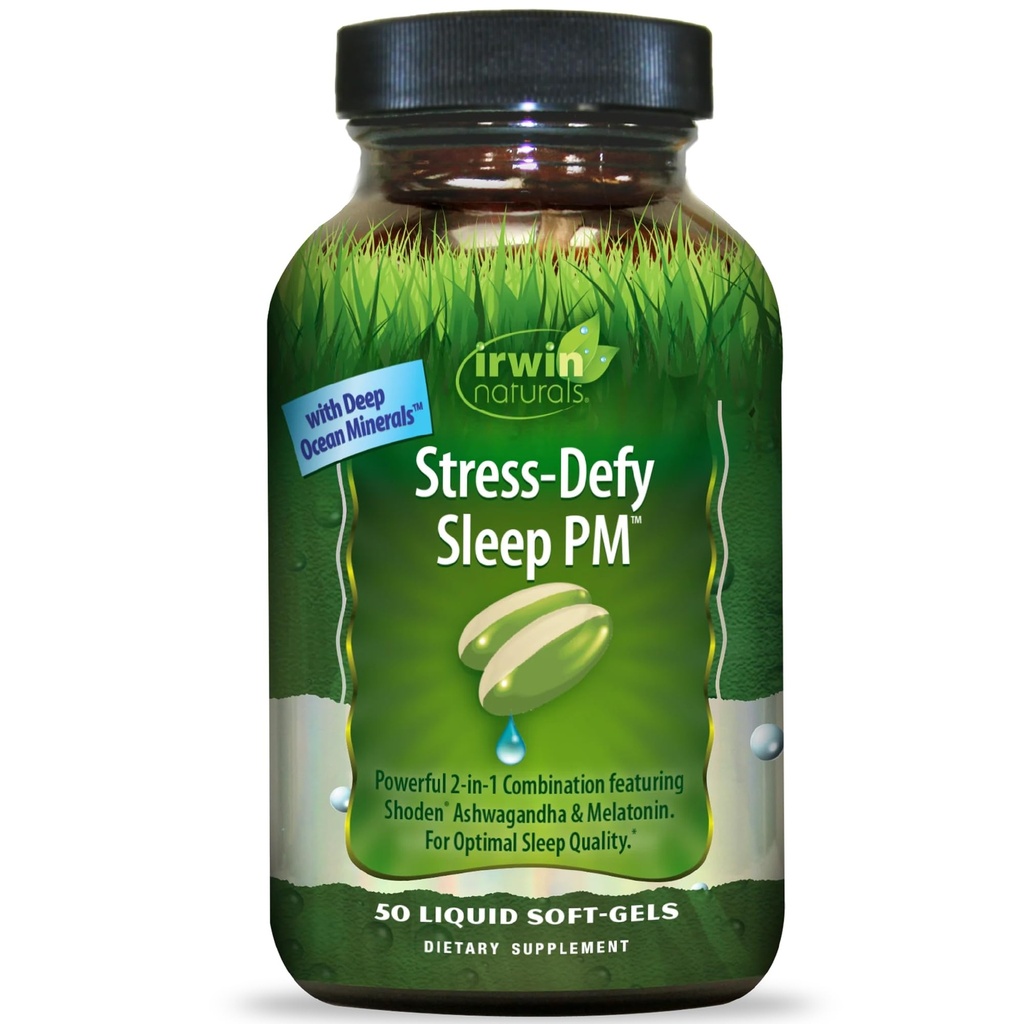 Irwin Naturals Stress-Defy Sleep PM - 50 נוזל Soft-Gels - Powerful 2-in-1 שילוב עם Ashwagandha & Melatonin - 25 משרתים