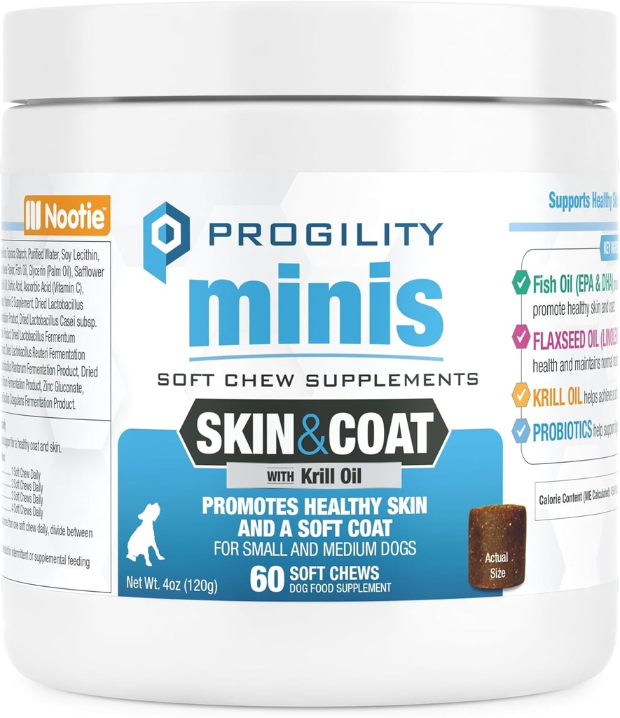 Nootie Progility Mini Skin & Coat for Small Dogs, שמן דגים תומך עור בריא וכובע, 60 צ'יפס רך לכל Container