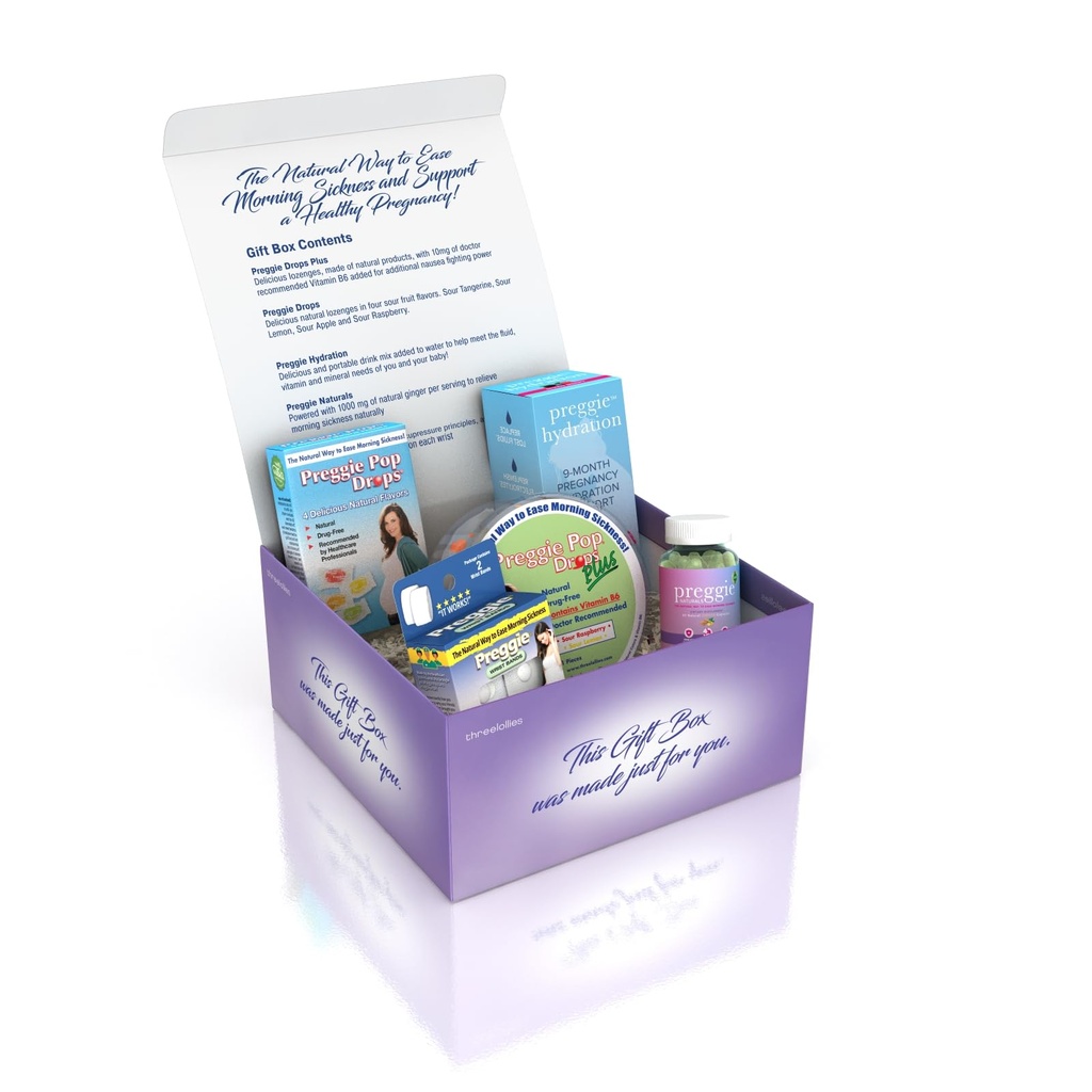 3 Lollies Preggie מתנה Box - טבעי, הריון Nausea הקלה Essentials עם Anti-Sickness Lozenges, hydrotion Packets, קפסולות ג'ינג'ר, ואנטי-Nausea Bands עבור מחלת בוקר