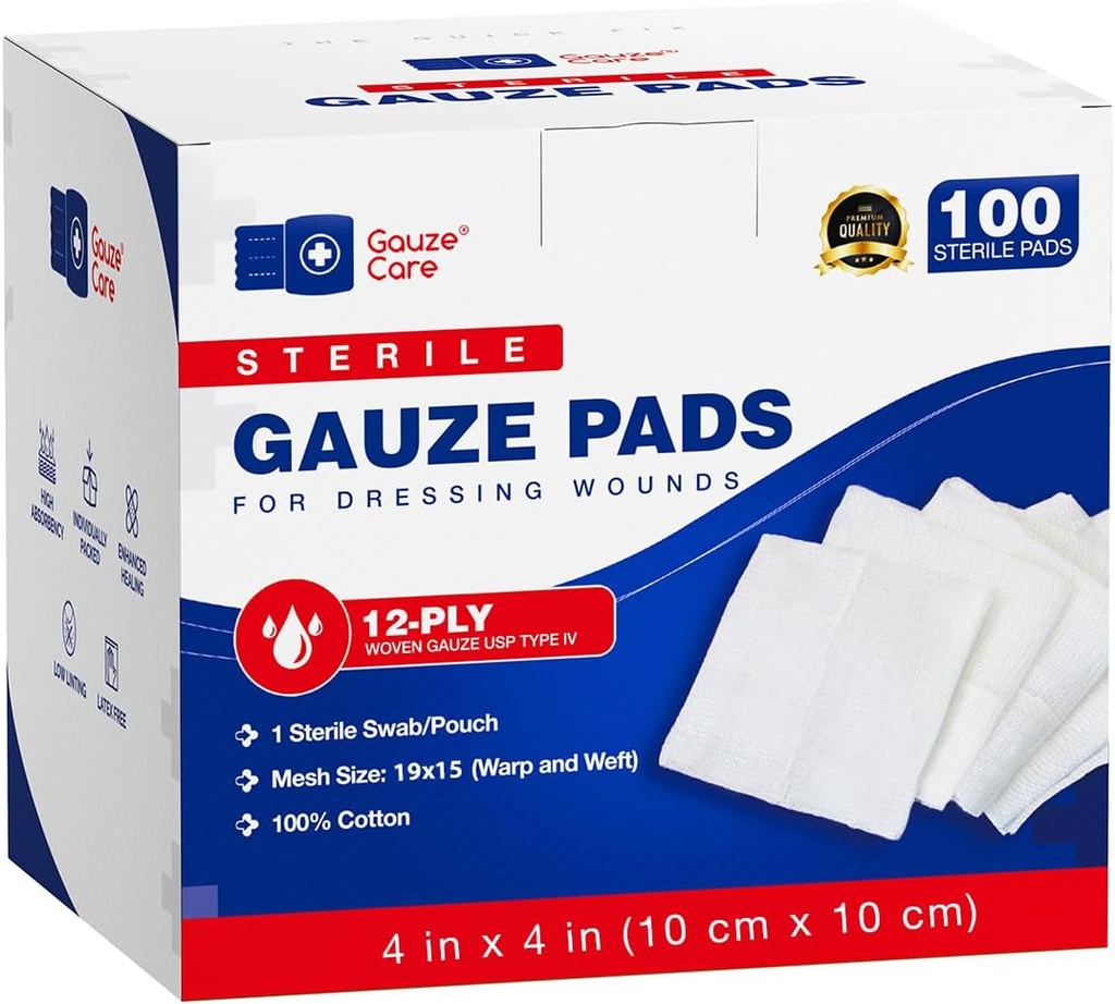 100pc גדול Sterile Gauze Pads 4x4 Sterile עבור Wounds Bulk - 12ply Woven Gauze Sponges 4x4 Sterile - USP IV נושם Mesh 4x4 Gauze Pads Sterile for Enhanced Absorption - עזרה רפואית ראשונה עזרה רפואית