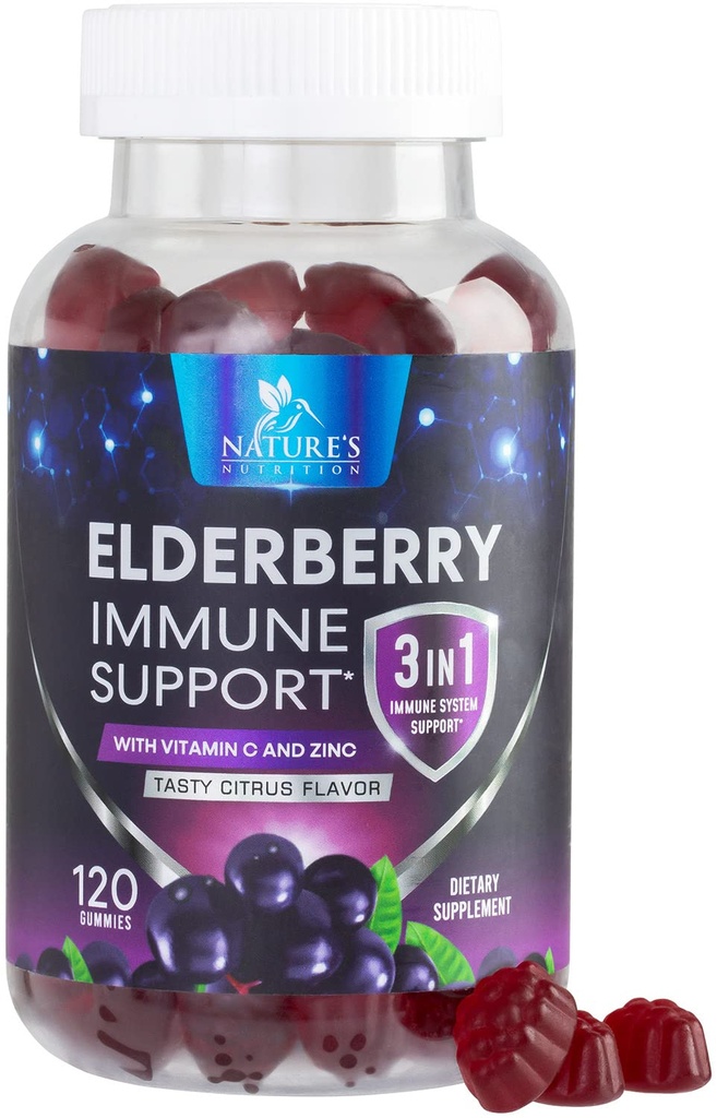 חניכיים ישנות עם ויטמין C, D3 ו- Zinc - Immune Support Gummy for Kids & Adults, Black Elderberry לחלץ מסטיקמי Immune Health Support Supplement, Black Elder Bre ויטמין - 120 מסטיקנים