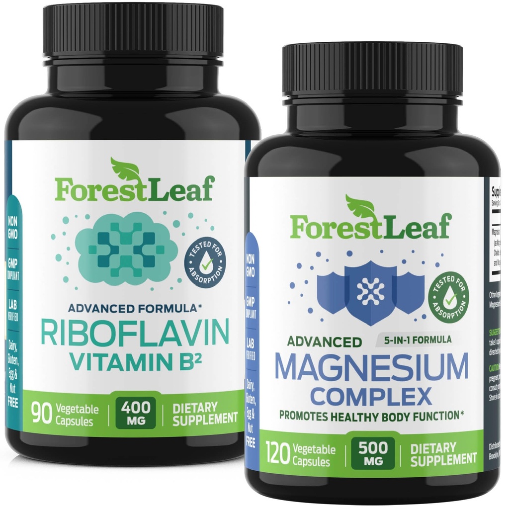 ForestLeaf Riboflavin & Magnesium Migraine תוסף - Riboflavin 400 מ"ג עבור Headache הקלה - מגנזיום Bundle עם B2 ויטמין 400 מ"ג עבור כאבי ראש Migraine קפסולות