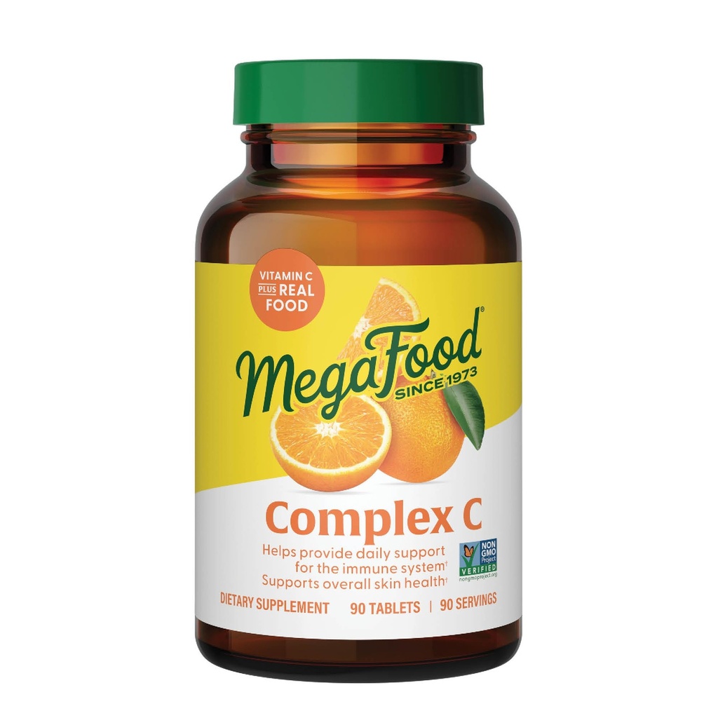 Mega Food Complex C - טבעוני Immune תמיכה תוספת עם ויטמין C 250 מ"ג, מיוצר עם מזון אמיתי כולל כתום, Cranberry & Brown רייס, Gluten-Free, כשר - 90 טבליות, 90 משרתות, 90 לשרתים