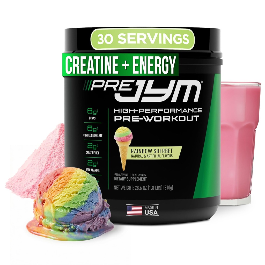 JYM תוסף מדע Pre JYM Rainbow Sherbet Pre Workout אבקת עבור גברים ונשים, BCAAs, Nootropics, Creatine HCI, Citrulline, Beta-Alanine, Betaine, Tairine, Huperzine, 30 משרתים