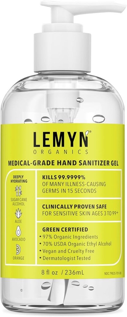 רפואי-Grade Hand Sanitizer Gel - 97 אחוזים אורגני | 70% USP Ethyl אלכוהול | Moisturizing Aloe + Hyaluronic Acid | Freshly Made in USA