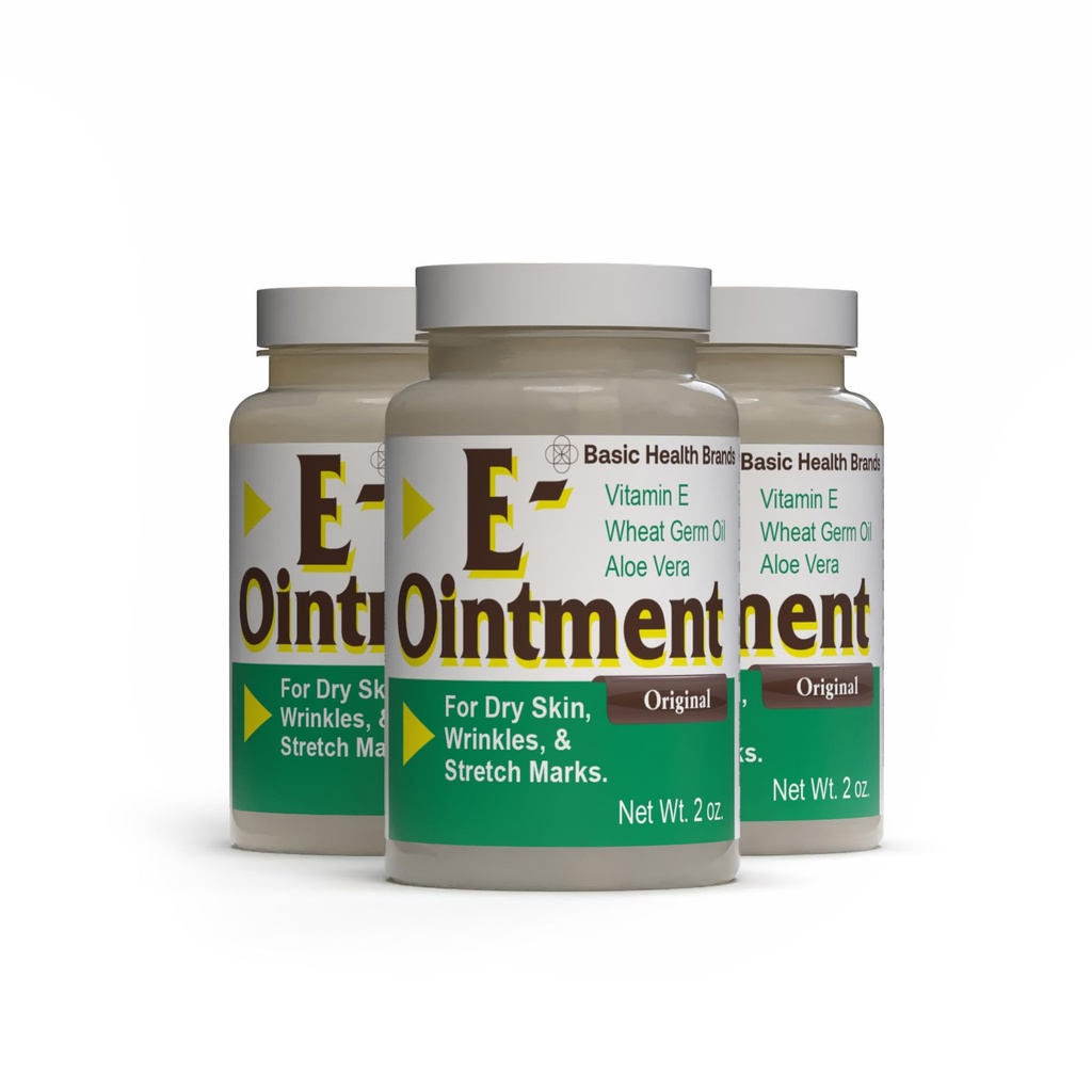 אורגנים בסיסיים - מותגי יסוד - ויטמין E אוintment - 2 oz - Moisture Enhancing - יכול לעזור להפחית את המראה של סקרים, למתוח מארקים, קווים יפים & Wrinkles - חבילת של 3