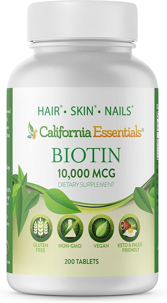 קליפורניה Essentials Biotin 10000mcg | ויטמין B7 מקדם עור בריא, שיער וניק צמיחה | תוספי תזונה עתירי גבוה לגברים ונשים | Non-GMO, טבעוני, Gluten & חלב חינם (200 טבליות)