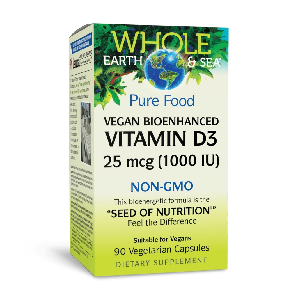 Natural Factors Whole Earth & Sea ויטמין D3 - תוספת תזונתית תומכת בעצמות חזקות ופרקים - Aids Calcium Absorption - Vegan & Non-GMO - 90 קפסולות צמחוניות (90 משרתים)