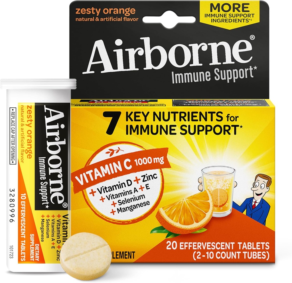1000 מ"ג ויטמין C עם Zinc Effervescent טבליות, Immune Support Supplement with Powerful Antioxidants ויטמין A C & E - 20 טבליות משקה Fizzy, Zesty Orange Flavor