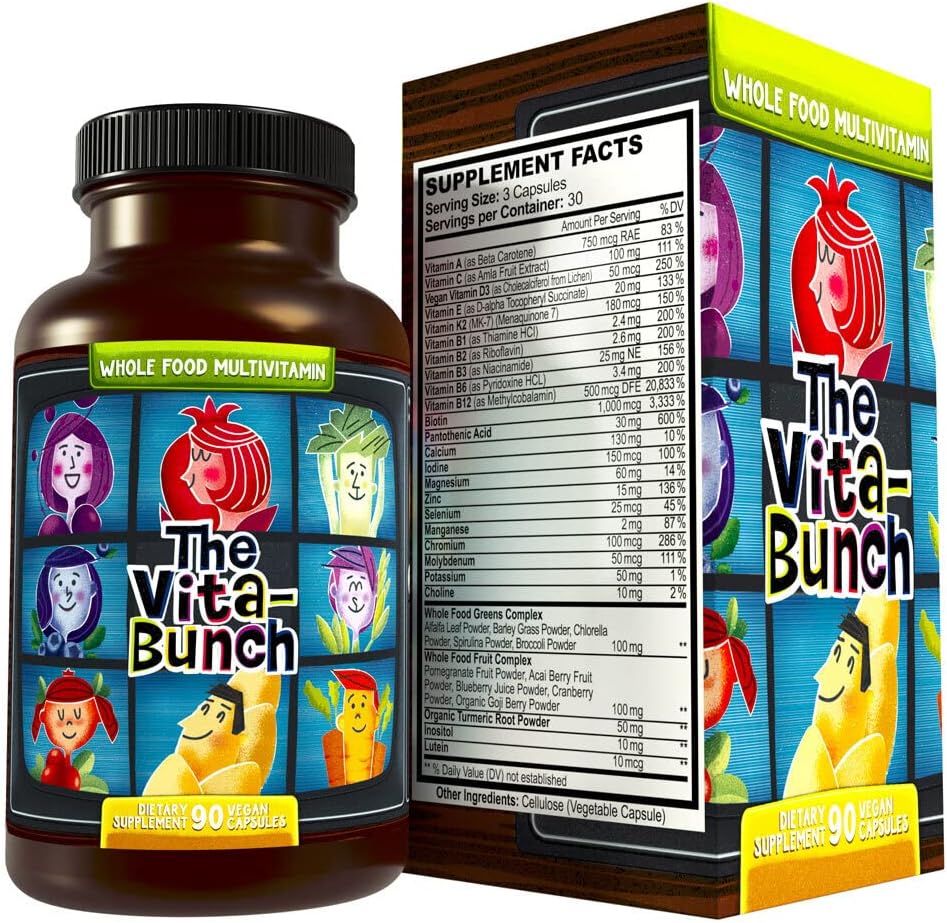 Whole Food Multivitamin פירות & Super Greens All-in-one ויטמין Complex, 90 קפסולות טבעוניות - ויטמין יומי לנשים וגברים - ברזל, זיקוס, B12, ויטמין A, D3 ועוד
