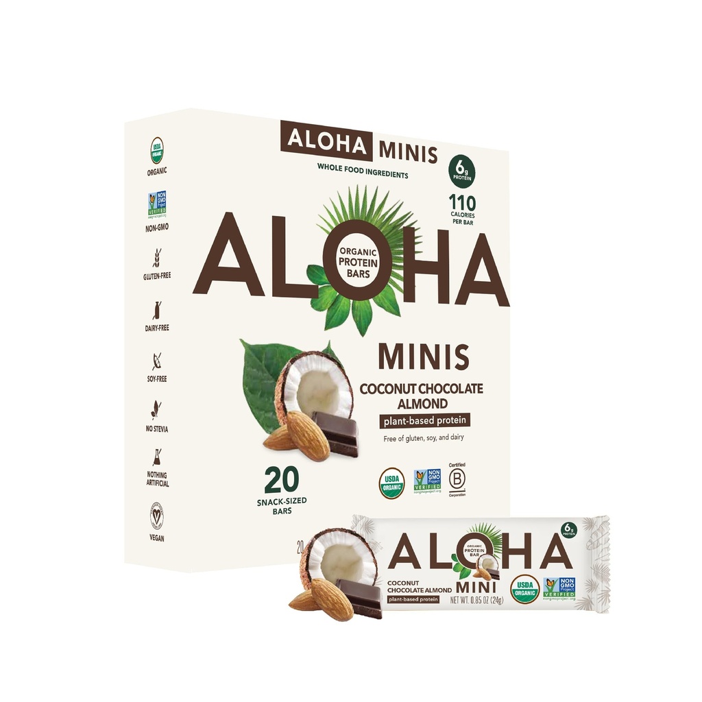 ALOHA אורגני צמחי מבוסס חלבון בר מיניS | שוקולד Almond | 20 Count, 24g Bars | טבעוני, סוכר נמוך, Gluten Free, Paleo, Low Carb, non-GMO, Stevia Free, Soy Free, No Sugar Alcohols