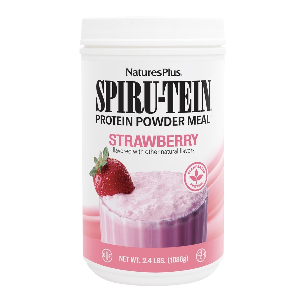 NaturesPlus SPIRU-TEIN, Strawberry - 2.4 lb - גידול חלבון מבוסס צמחי - non-GMO, Vegetarian, Gluten Free - 32 משרתים