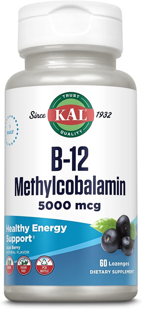 KAL ויטמין B-12 Methylcobalamin Lozenges 5000mcg, אנרגיה בריאה, Metabolism, Nerve & Red Blood Cell Support, * Optimal Absorption, Natural Acai Flavor, Sugar Free, 60 משרתים, 60 Lozengesges, 60
