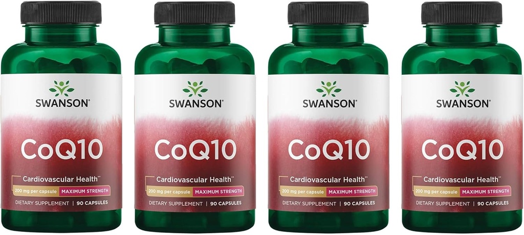 Swanson CoQ10 Cardiovascular Brain Energy and Heart Health Antioxidant Support תוספי 200 מ"ג 90 קפסולות (4 Pack)
