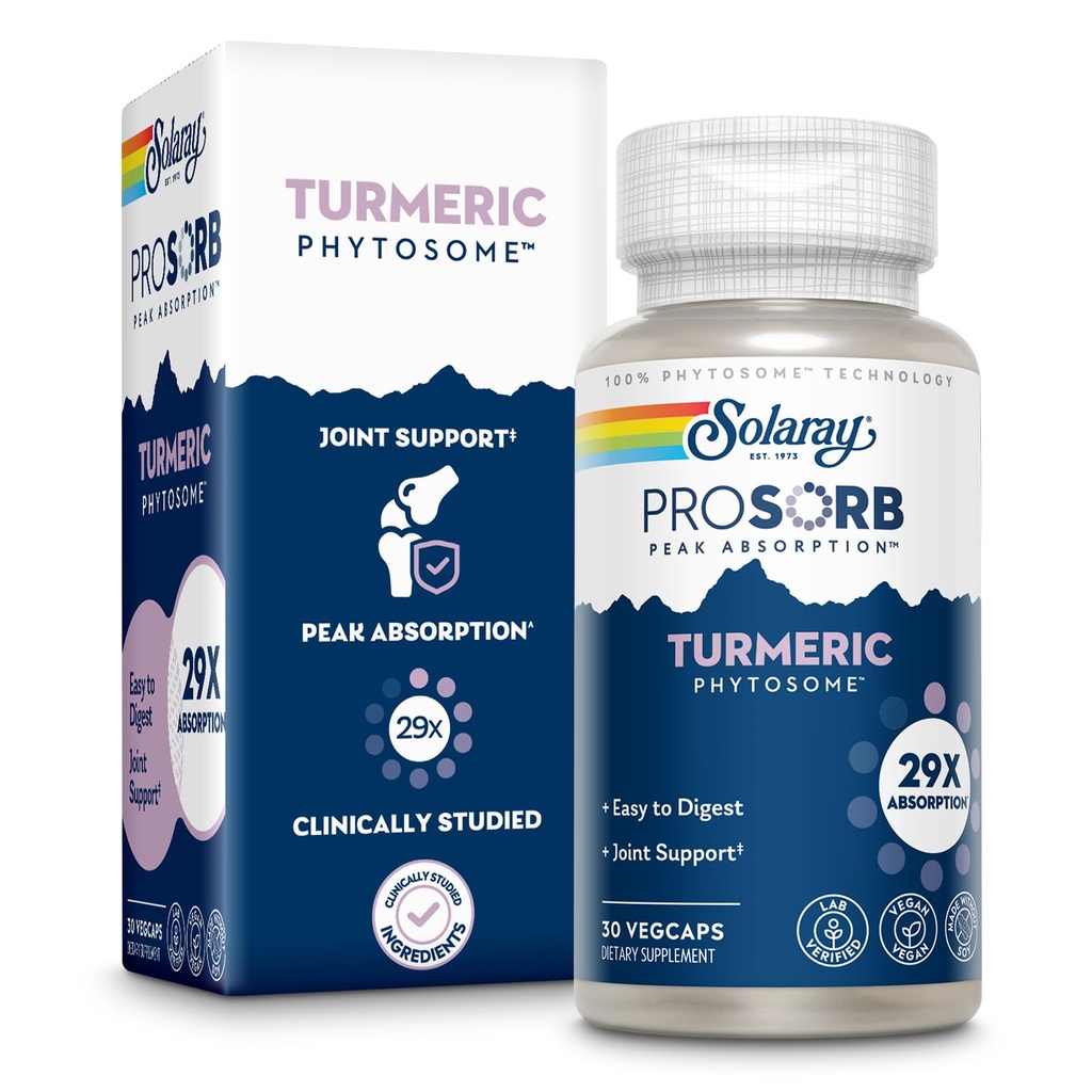 SOLAרי ProSorb Turmeric תוסף Phytosome 500 מ"ג - 29X High Absorption Turmeric Curcumin תוסף תמיכה בריאות משותפת - Easy-to-Digest Curcumin, טבעוני, 60 יום ערבות, 30 הגשה, 30 VegCapsCapss