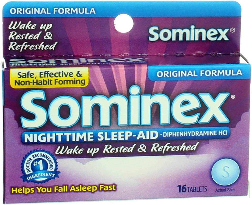 Sominex Nighttime Sleep-Aid with Diphenhydramine HCl 25 מ"ג, פורמולה מקורית, 16 טבליות (Pack of 1)