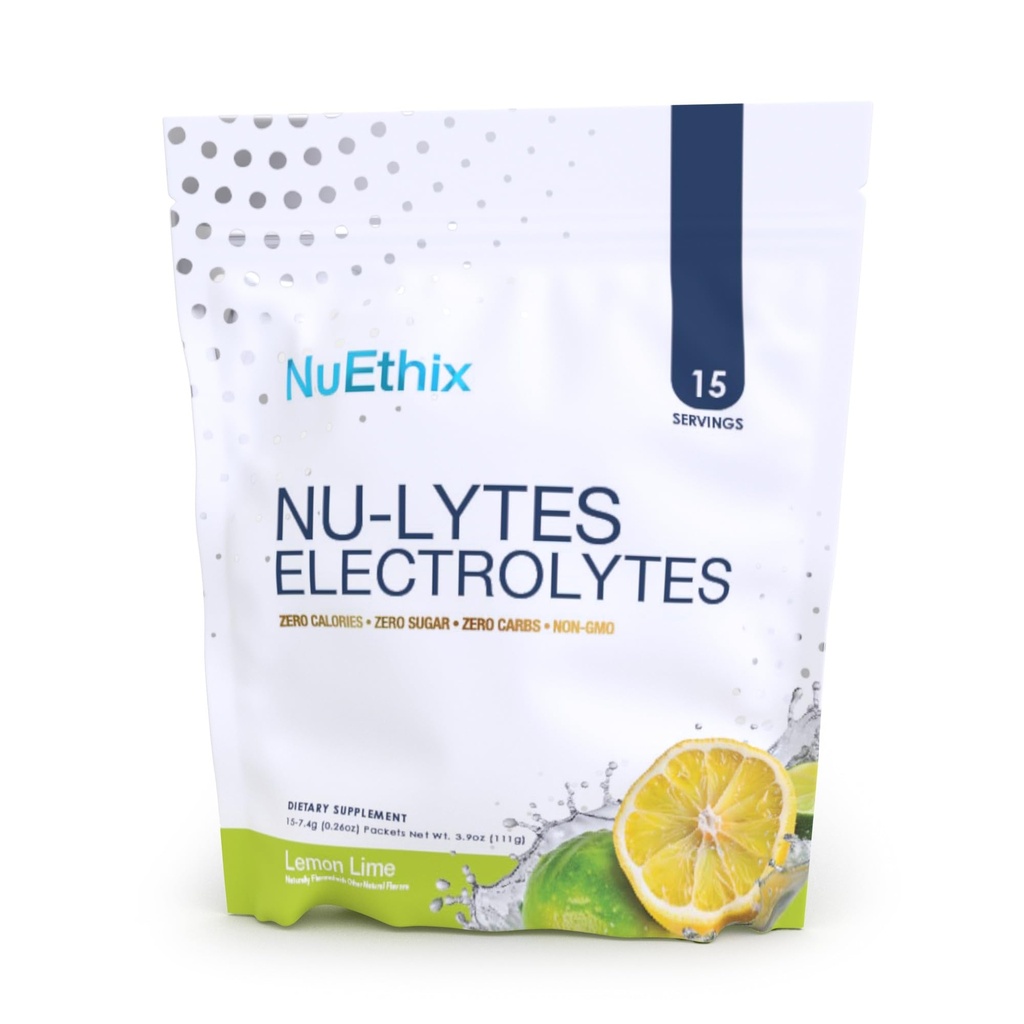 NuEthix Formulations NU-LYTES Electrolytes hydrotion Packets, Zero Calories, Zero Sugar, Zero Carbs, Non-GMO, Electrolytes אבקת Packets, Glycogen Replenishment, 15 משרתים (Lemon Lime)