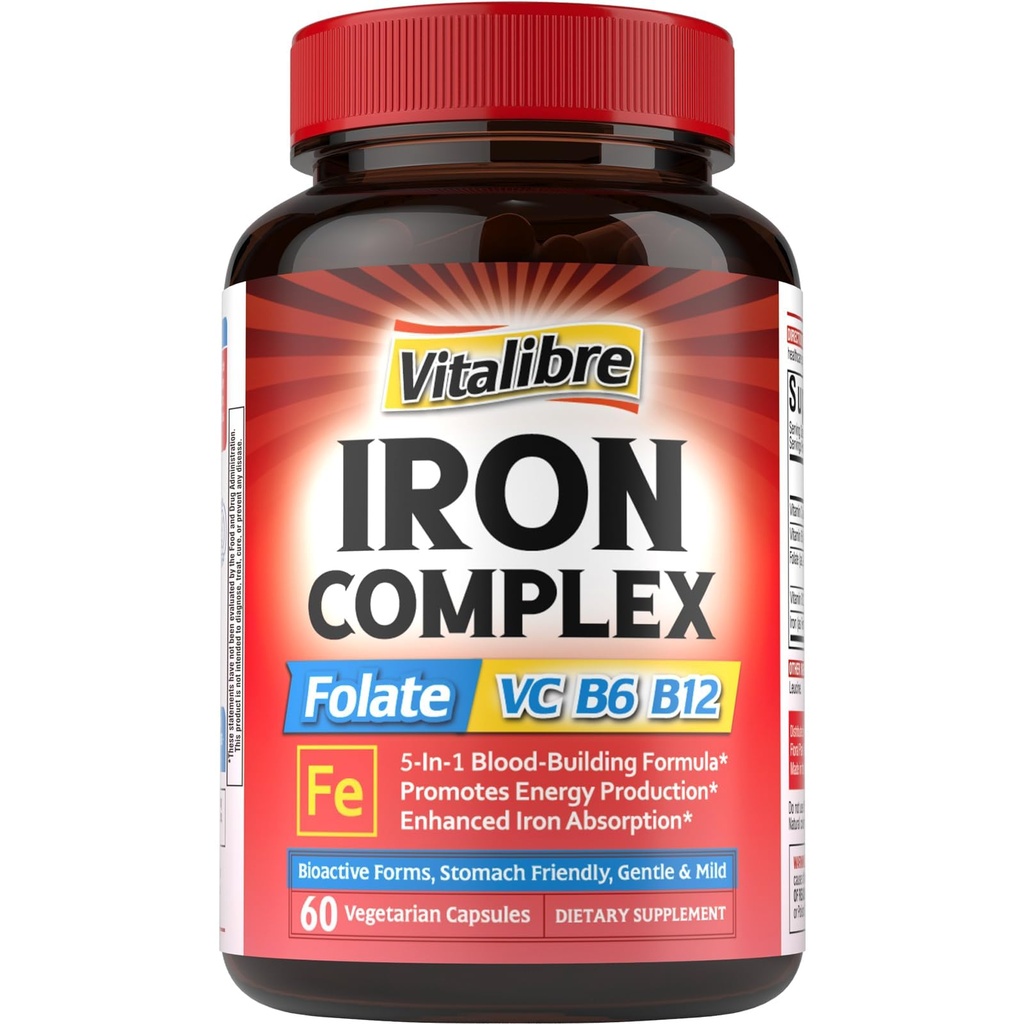 תוספת ברזל לנשים וגברים, עם ויטמין C, B6, B12 ו- Folate for Iron Deficiency, Blood Building & Energy Support, Stomach Friendly, Better Absorption, Non-GMO, No Gluten, 60 Vegan Capssspark