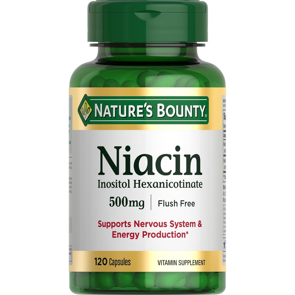 Nature's Bounty Niacin 500 מ"ג פלוש חינם, תמיכה באנרגיה סלולרית, תמיכה במערכת העצבים, 120 קפסולות