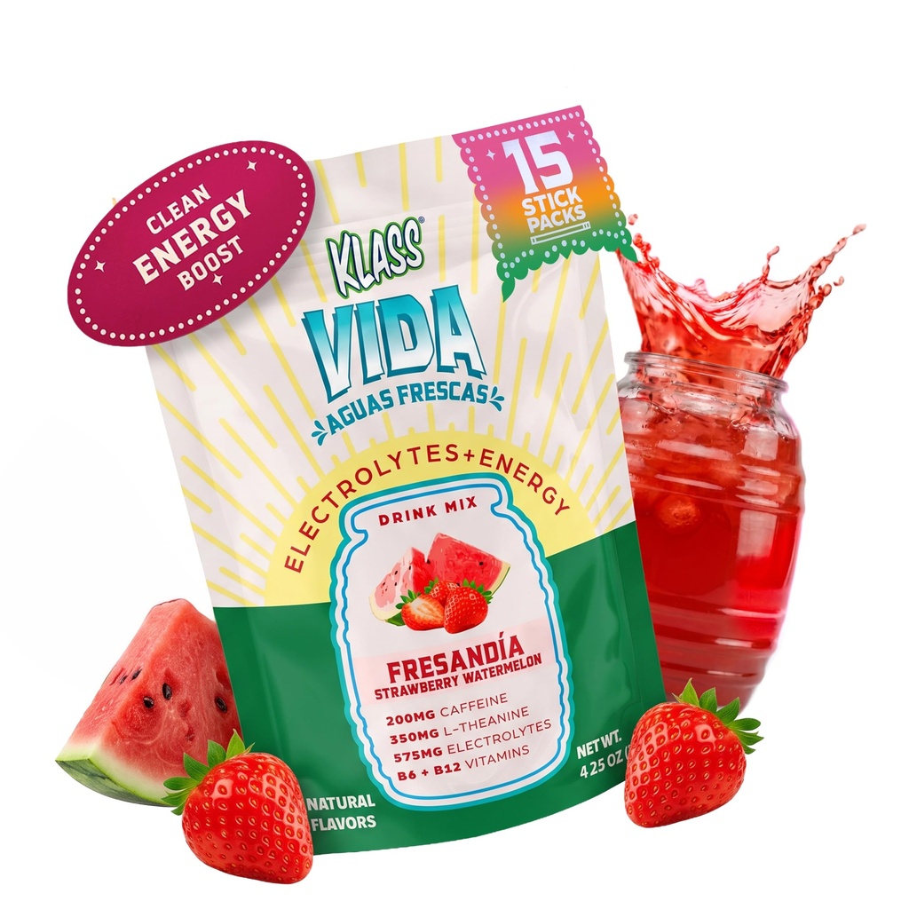 הידרציה + אנרגיה אלקטרוליט לשתות Mix - Strawberry Watermelon Agua Fresca Flavor | אבקת ללא סוכר עם Caffeine, L-theanine, קוקוס מים ומינרלים | 15 Single-משרתת Stick Packs