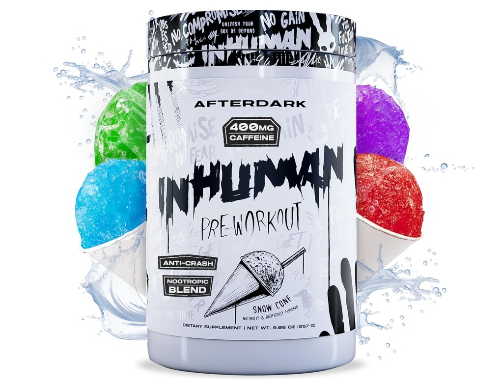 AFTERDARK INHUMAN PRO-Workout אבקה, חיבור משופר של Mind-Muscle, Sustained Energy, Potent Nootropic בלנדר, טבעוני, Gluten-Free, 400 מ"ג Caffeine, No Crash, SnowCone