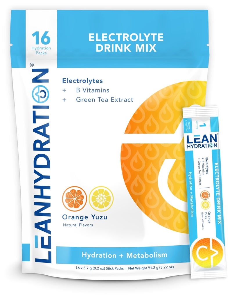 LEAN hydrtion Daily Electrolyte Packets Drink Mix | Zero Calories, Zero Sugar בתוספת ויטמינים, מינרלים ועוד | 16 ct (Orange Yuzu)
