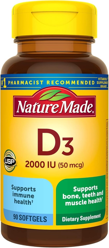 הטבע עשה ויטמין D3 2000 IU (50 mcg), ויטמין D עבור העצם, שיניים, שריר ותמיכה בריאות החיסון, 90 Softgels, 90 יום אספקה