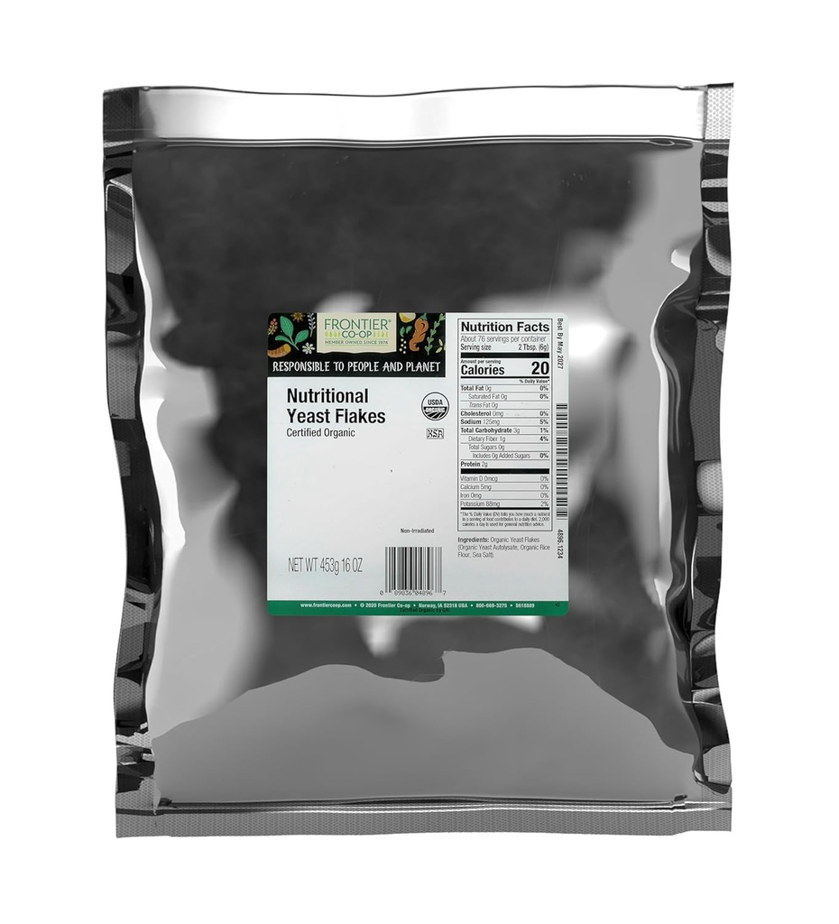 Frontier Co-op Organic Nutritional Yeast Flakes, 16 Oz, Bulk Bag - Essential B ויטמינים, Non-Irradiated, כשר Yeast - פרוסנן גבינות תת-מכיל