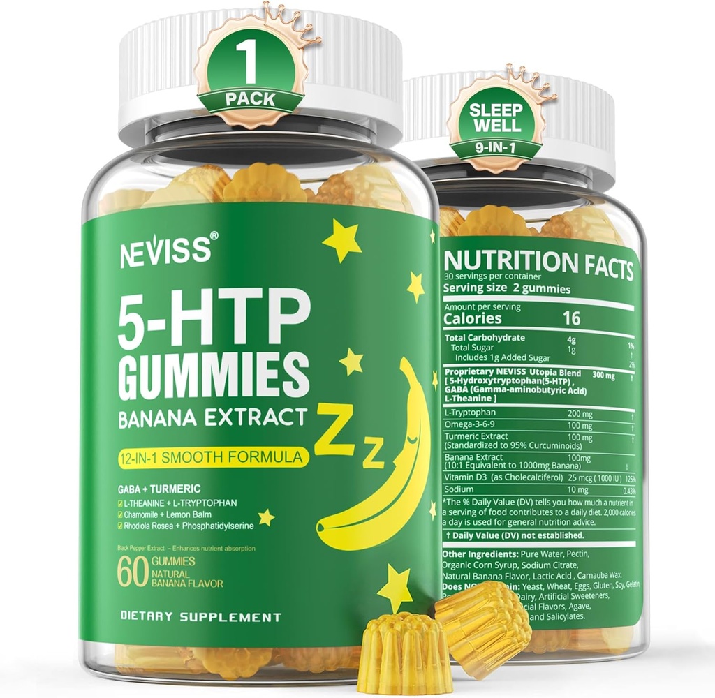 NEVISS 1Pack 5HTP חניכיים + GABA - מלטונין חינם - מרגיע חניכיים עם תמצית בננות, L-theanine, L-Tryptophan, ויטמין D3 עבור מחזור מנוחה בריא ו Circadian Rhythm, תפקוד ושרירים להירגע להירגע.