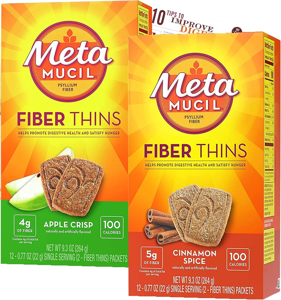Metamucil סיבים תוספת סיבים עם Bleam Digestive Health Support Tip Card Psyllium סיבים Bars - 12CT Apple קריספו & 12CT Cinnamon Spice - Set Set