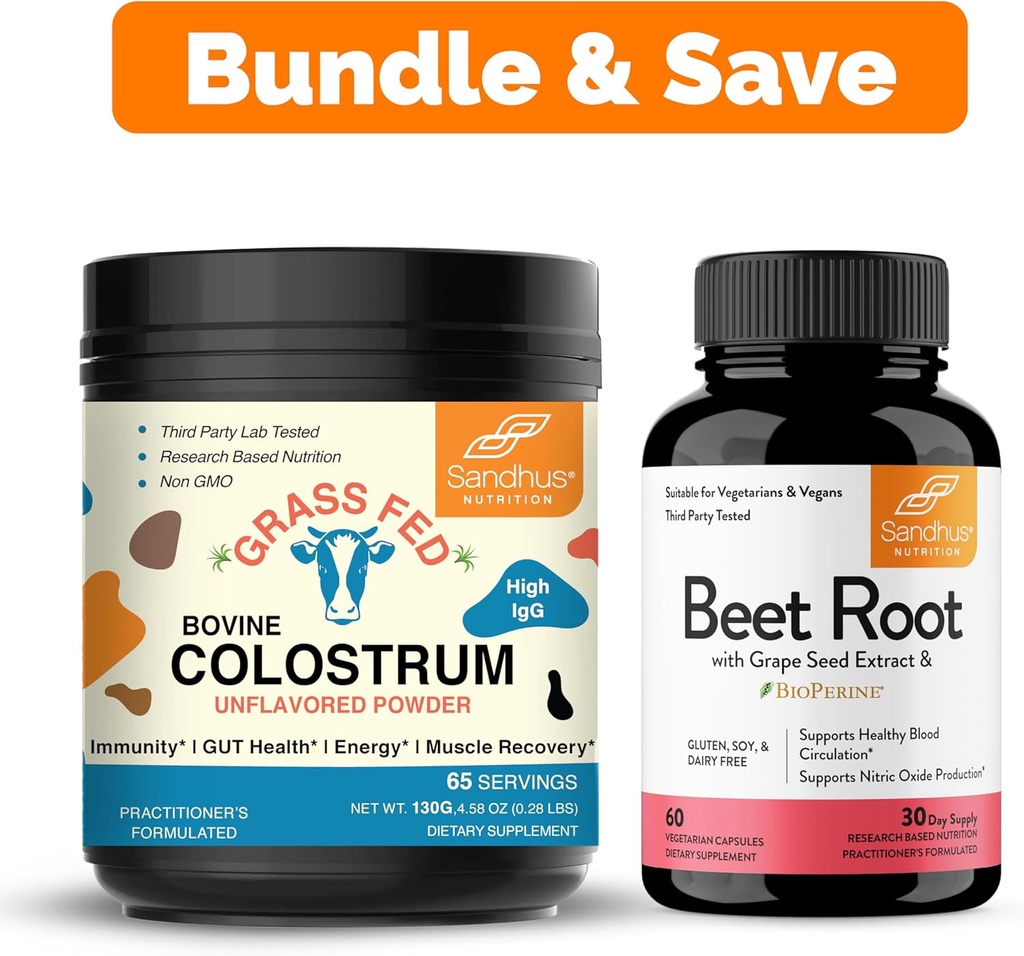 אבקת קולוסטרום טהורה של סנדו עבור בני אדם ו- Beet Root אבקה עם קפסולות bioperine תמיכה Immune, Gut, שריר ואנרגיה בריאה