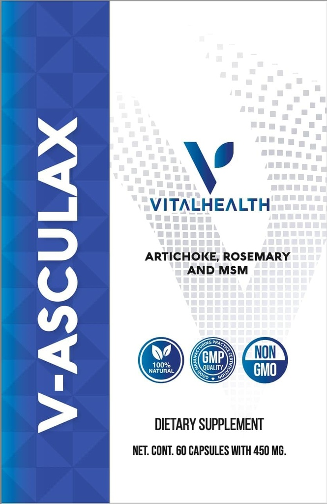 Vital Health V-Asculax Circulation Support - Heart Health, Blood Flow, Fluid Retention & Arterial Circulation - Natural Herbal Formula with Witch Hazel, Rue, Artichoke, Rosemary, MSM & Horsetail