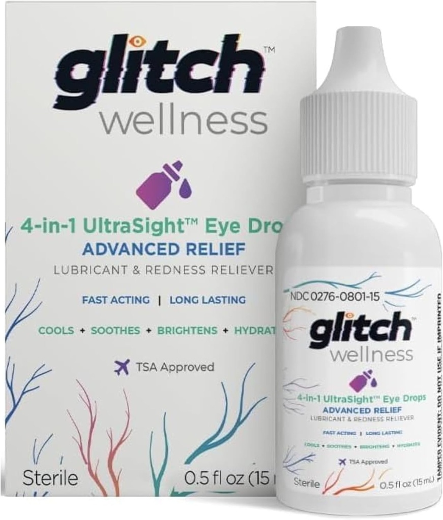 גליץ UltraSight Eye טיפות לעיניים יבשות 15mL - 4 ב 1 מתקדם הקלה יבש טיפות עיניים טיפות - כל היום נוח עם הידרה, ברייטרינג, קירור - ביעילות Soothes Irritation & יבש - 0.5 Fl Oz Oz