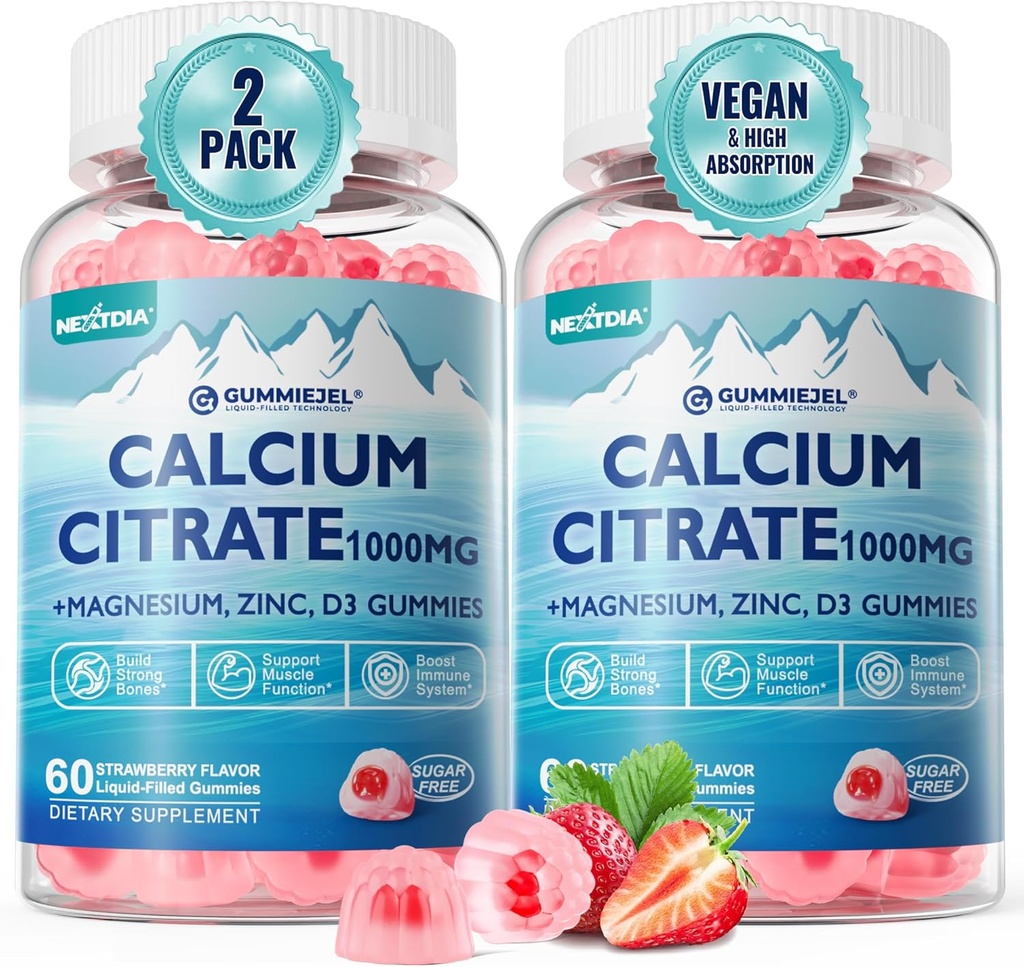 Calcium Citrate 1000 מ"ג, Calcium Gummies עם Calcium & Magnesium 2:1 Ratio, בתוספת ויטמין D3, Zinc, B6 & Potassium - High Absorbable Calcium Chewable, Bone & שריר תמיכה, טבעוני, סוכר חינם, 120Ctsss חינם, 120Ctsssss.