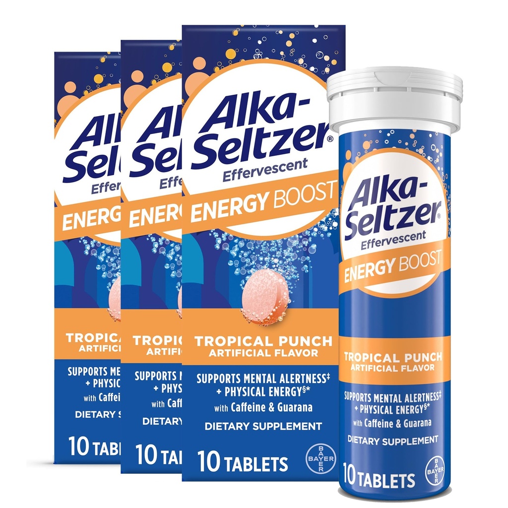 Alka-Seltzer Energy Boost: Caffeine & Guarana, ויטמין B, תומך ערנות נפשית ואנרגיה גופנית, תוסף אנרגיה יומית, טבליות Fizzy, Sugar-Free, Light Tropical Punch Flavor, 30ct