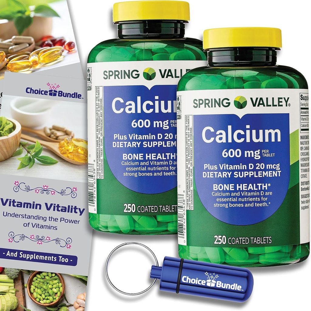 בחירת Bundle Spring Valley Calcium Plus ויטמין D Tablet 600 מ"ג 250 Ct 2 pk (500 Total) + "Vitamin Vitality" & Pill Container (4 פריטים)!