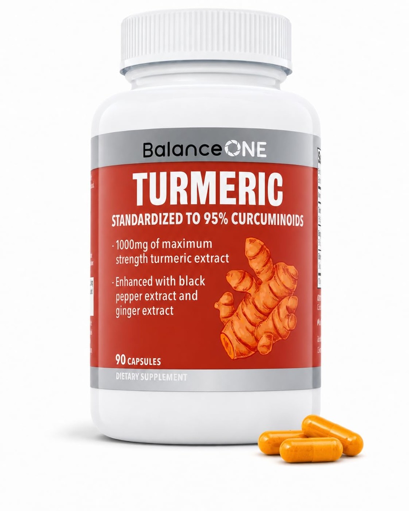 Balance One Turmeric Extract 1000 מ"ג עם Max Power 95% Curcuminoids - תוסף Turmeric Curcumin עבור תמיכה משותפת נוחות ואנטי-חמצן - ג'ינג'ר ו- BioPerine - 1 חודש אספקה