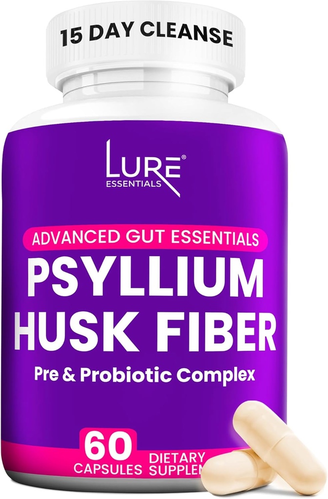 Lure Essentials Psyllium Husk קפסולות לניקוי הקולוניות - Prebiotic and Probiotic סיבים