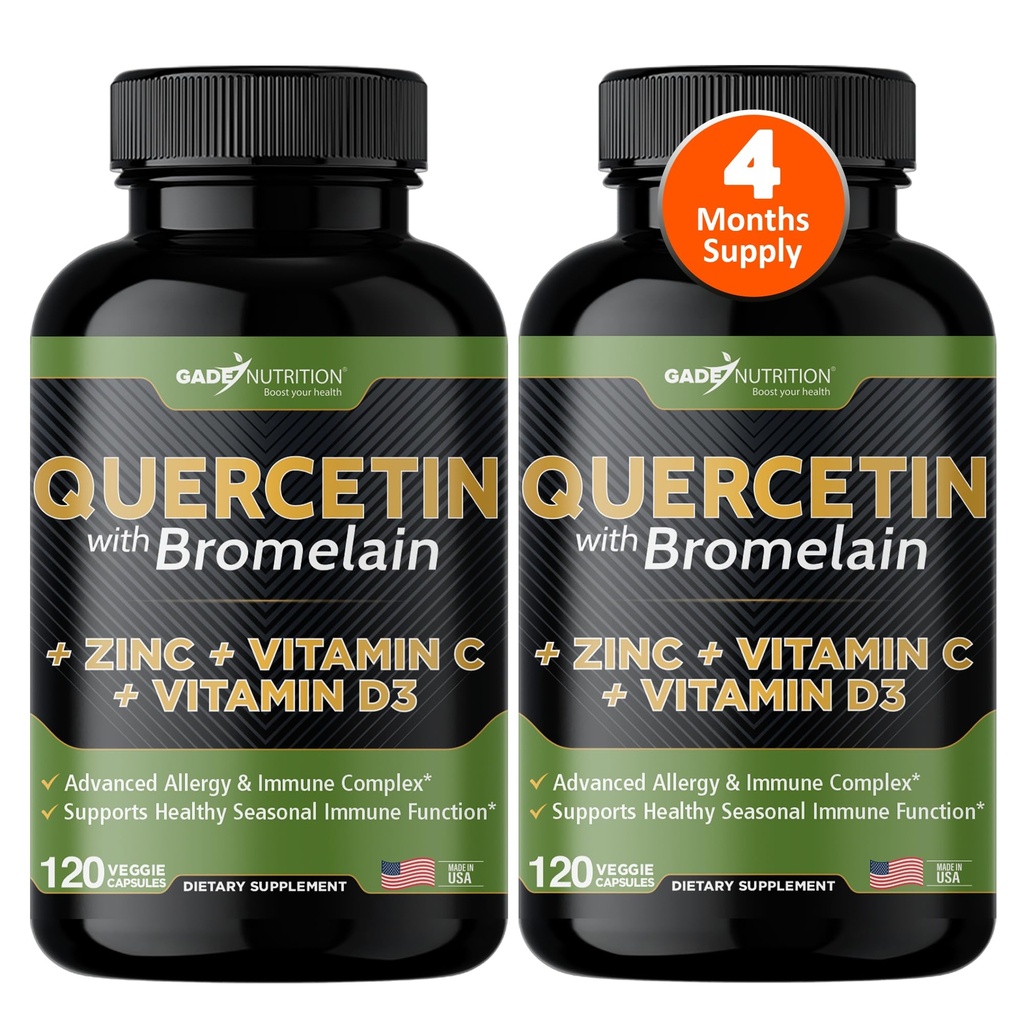 Gade Nutrition Quercetin עם ויטמין C ו- Zinc - Quercetin 500 מ"ג - Quercetin עם Bromelain - Zinc Quercetin - תוספי Quercetin + ויטמין D3 (Non-GMO, Gluten-Free, Vegan) - 4 חודשים אספקה