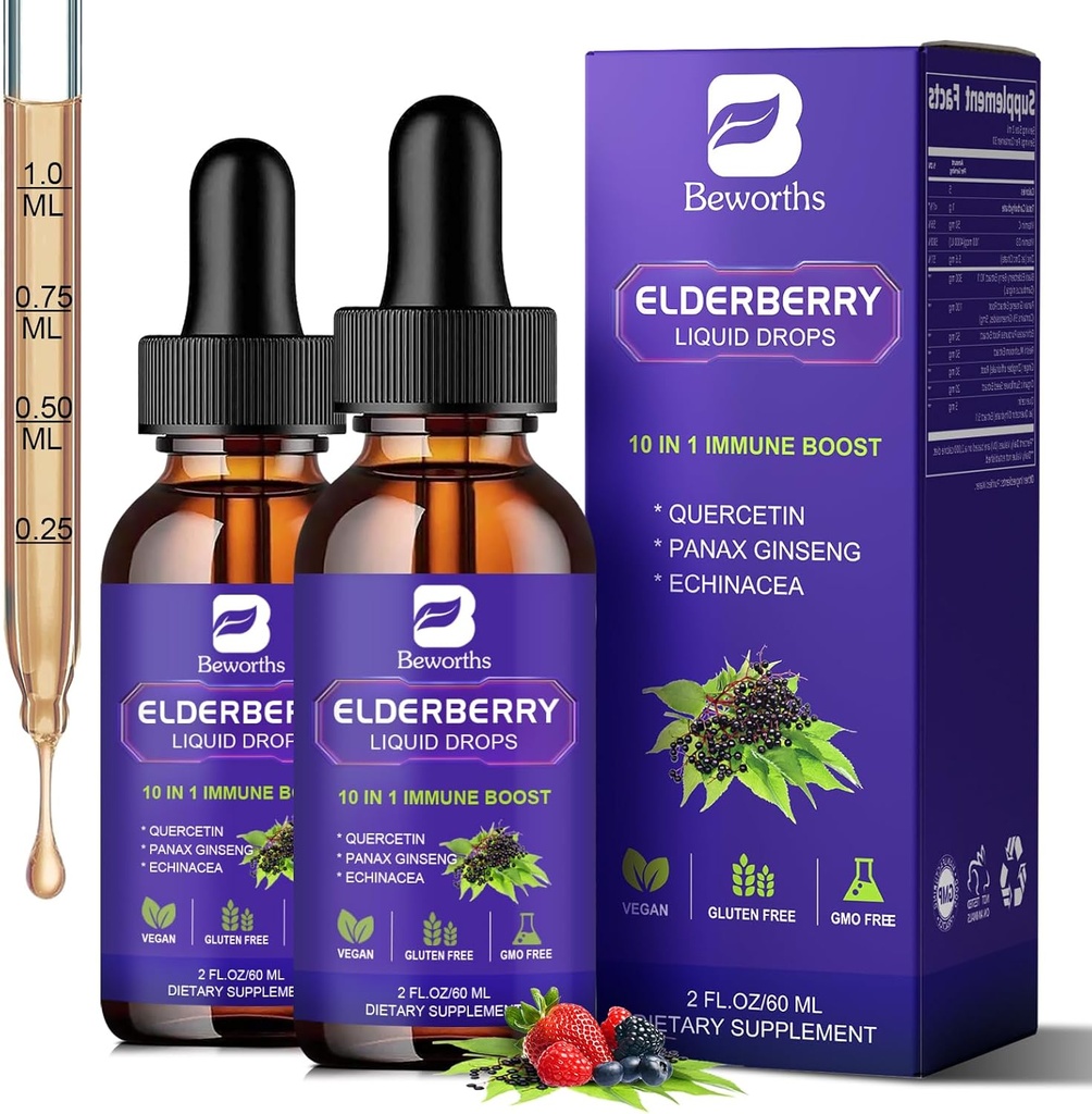 2 Pack Elderberry Syrup, Black Elderberry טיפות עם Quercetin, Panax גינזנג, ויטמין C ו Zinc, Sambucus Elderberry Syrup נוזל עבור תמיכה Immune, טבעוני, non-GMO & Gluten Free