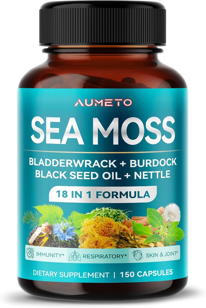 Premium Sea Mosss תוסף עם שמן Black Seed, Ashwagandha, Bladderwrack, Nettle- Advanced 18-in-1 Formula for Immunity Boosting, מינרלים-Rich - Made in the USA (150 (Pack of 1))