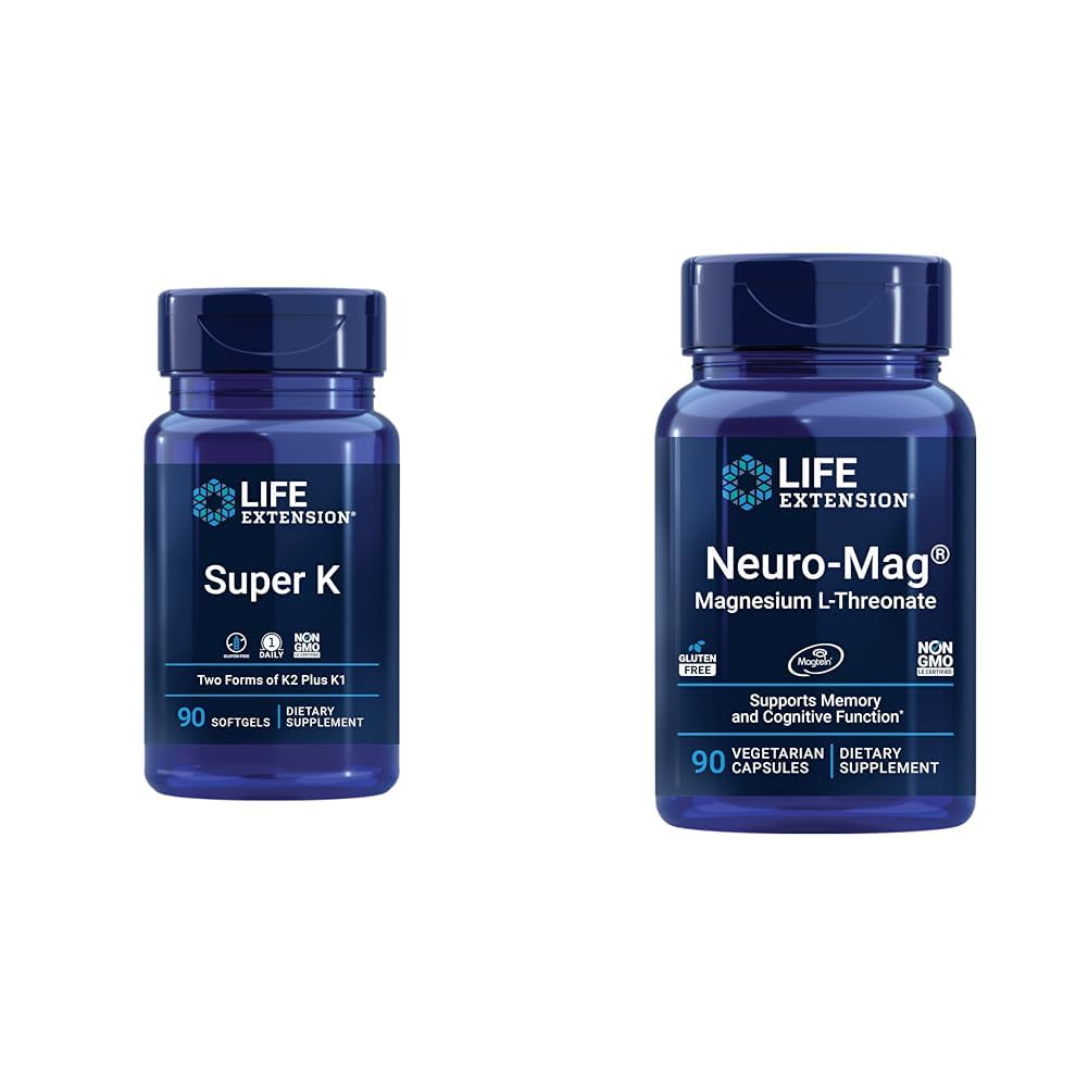 Life Extension Super K, ויטמין K1, ויטמין K2 mk-7, ויטמין K2 mk-4 & Neuro-mag Magnesium L-threonate, Magnesium L-threonate
