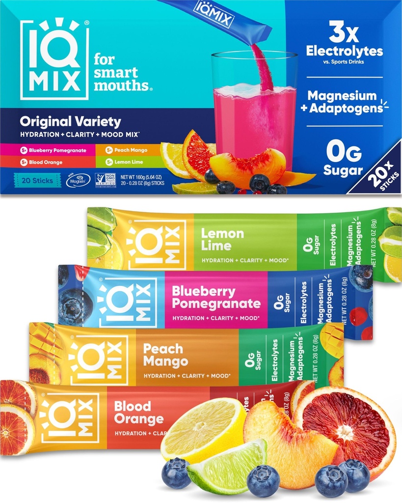 אבקת IQMIX hydrotion Electrolyte - 4in-1 פורמולה להשקה, בהירות נפשית, Mood and Recovery - Sugar-Free Drink Mix, Keto, Magnesium L-Threonate, Lion's Mane - 20 Count Variety Pack