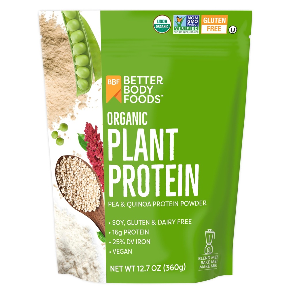 BetterBody Foods אורגני צמחית צמחית מבוססת חלבון, 16 גרם של חלבון 24% DV, טבעוני, נמוך Net פחמימות, Gluten Free, Milk Free, No Sugar הוסיף, Soy Free, non-GMO, 12.7 Ounces