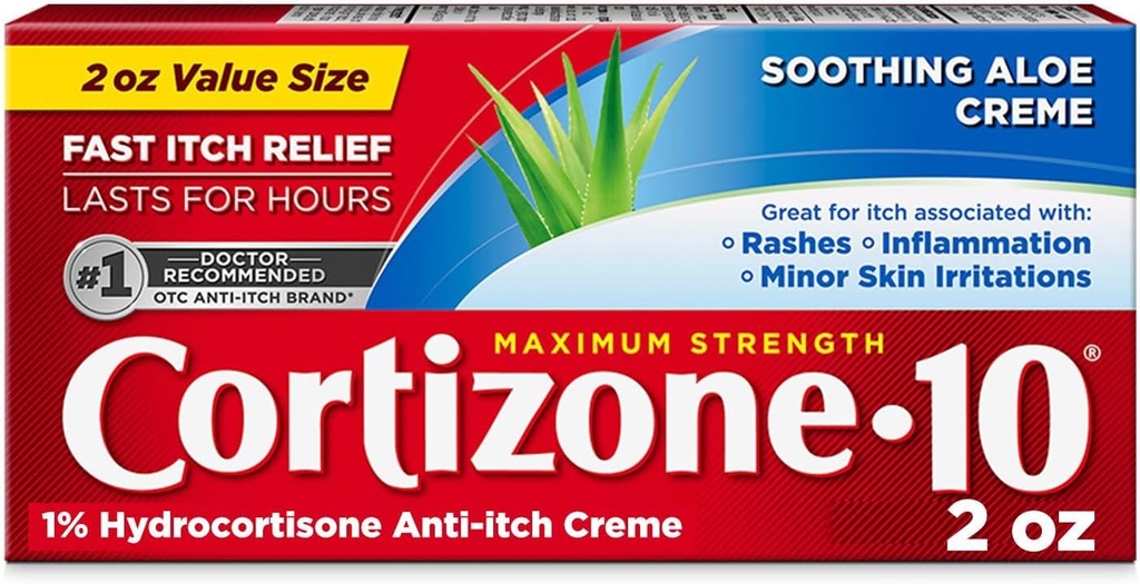 קורטיזון 10 כוח מקסימלי Anti-Itch Cream עם Soothing Aloe, 1% Hydrocortisone Creme, 2 oz.