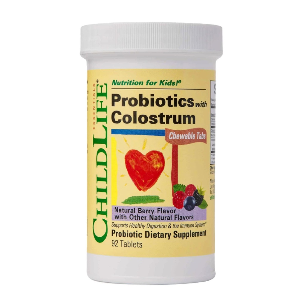 CHILDLIFE ESSENTIALS ChildBiotics with Colostrum- Probiotics לילדים, Probiotics for Digestive Health, Chewables, Probiotics, Colostrum לילדים, Gluten Free - Natural ברי, 92 טבליות
